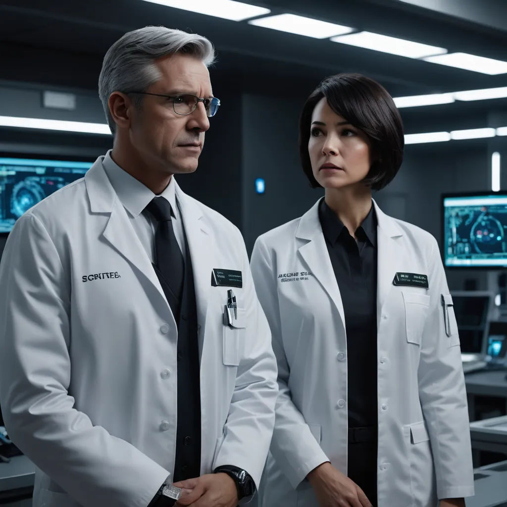 two doctors standing in a room with monitors in the background and a woman in a black shirt and tie, deconstructivism, a comic book panel, Doc Hammer, promotional image