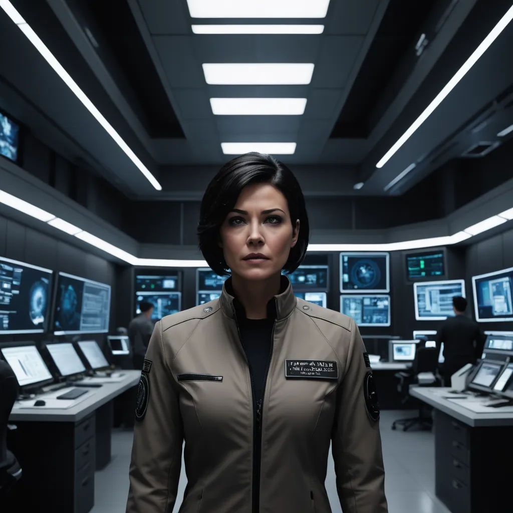 a woman in a military uniform standing in a room full of computers and monitors on the walls and ceiling, neo-figurative, a character portrait, Eve Ryder, promotional image
