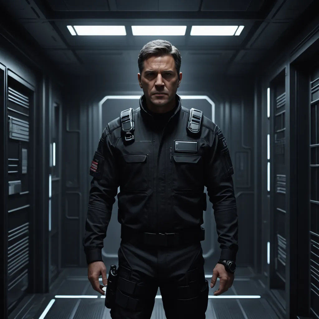 a man in a black uniform standing in a hallway with a gun in his hand and a light shining on his face, space art, a character portrait, Dan Scott, promotional image