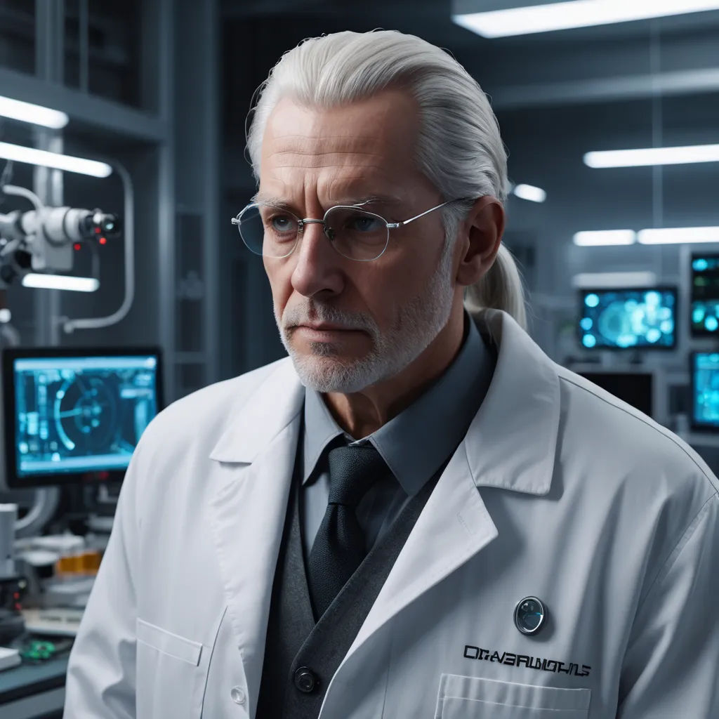 a man in a lab coat looking at something on a computer screen in a room with many monitors and other equipment, photorealism, a character portrait, Doc Hammer, unreal 5