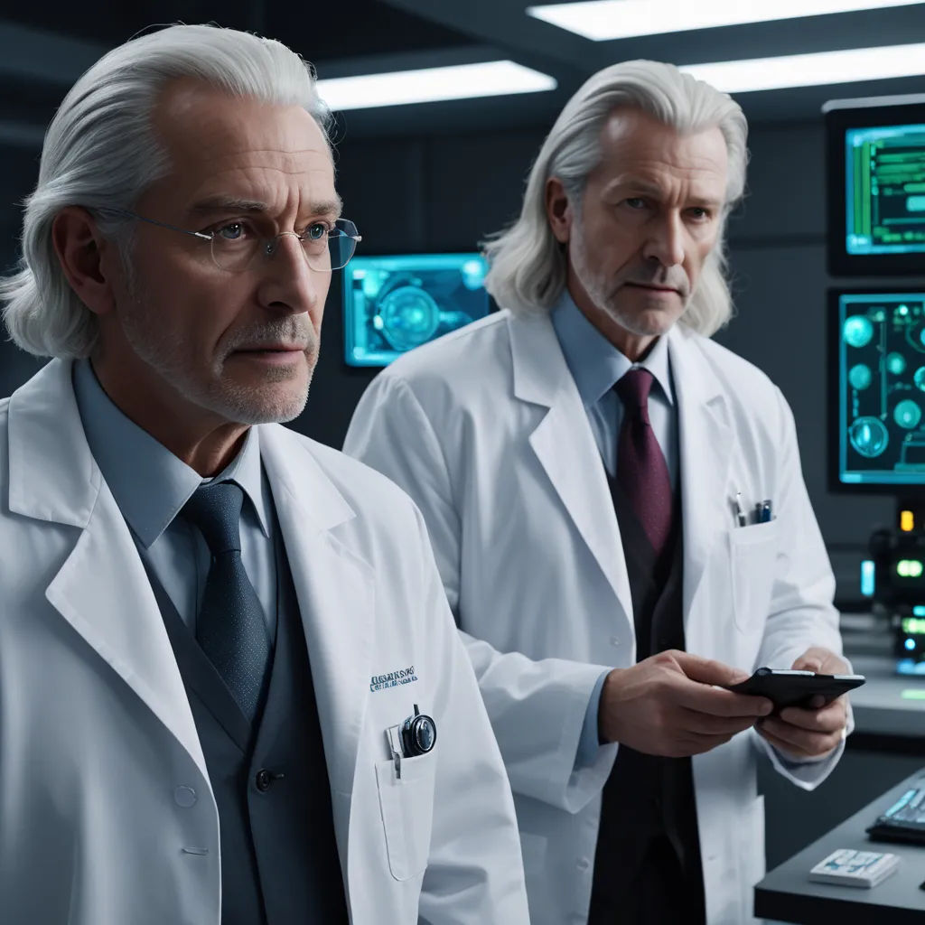 two men in lab coats looking at a cell phone in a room with many monitors and lights on the wall, constructivism, a renaissance painting, Andries Both, promotional image