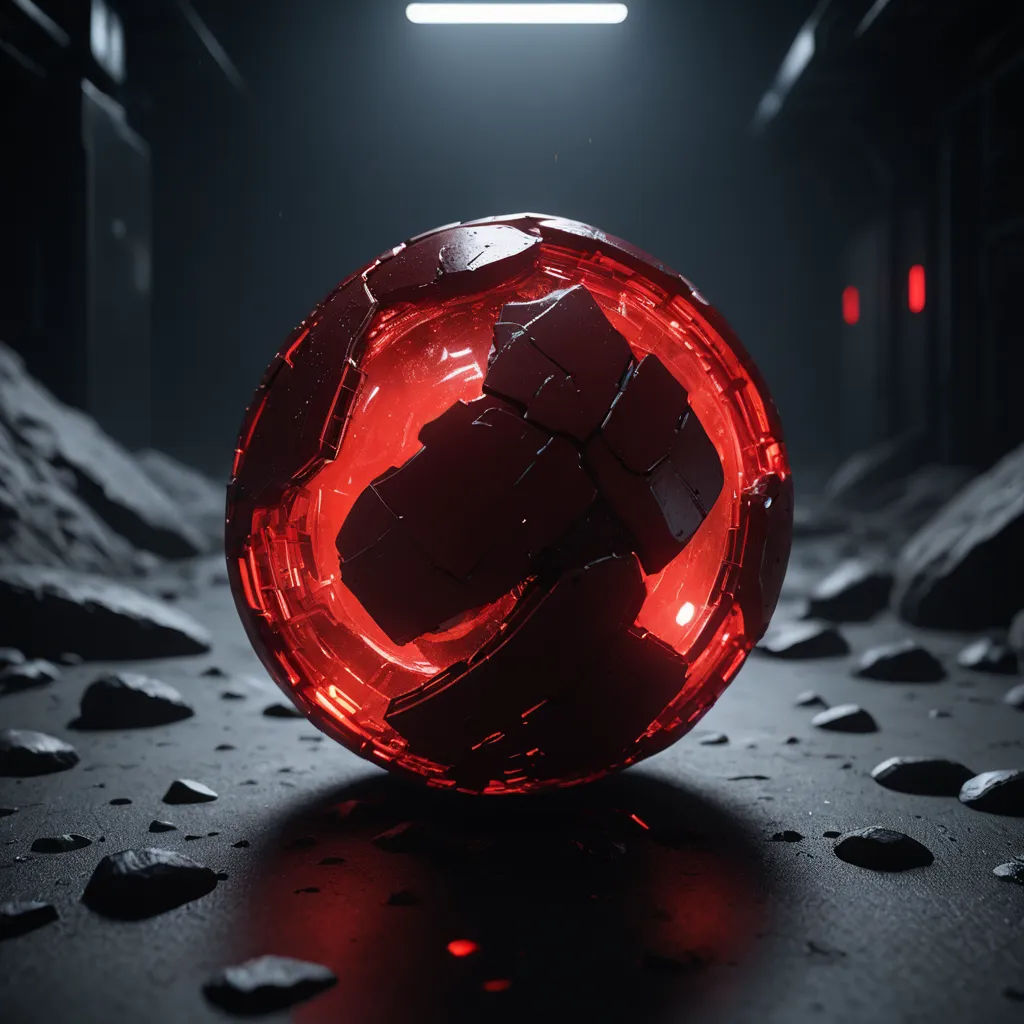 a red object is sitting on a surface in a dark room with rocks and a light shining on it, deconstructivism, a raytraced image, Filip Hodas, octane renderer