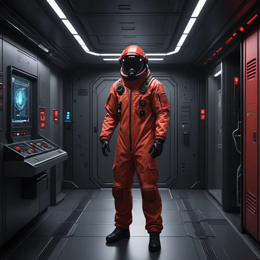 a man in an orange space suit standing in a hallway with a red light on the ceiling and a large screen behind him, space art, an ambient occlusion render, Filip Hodas, redshift render