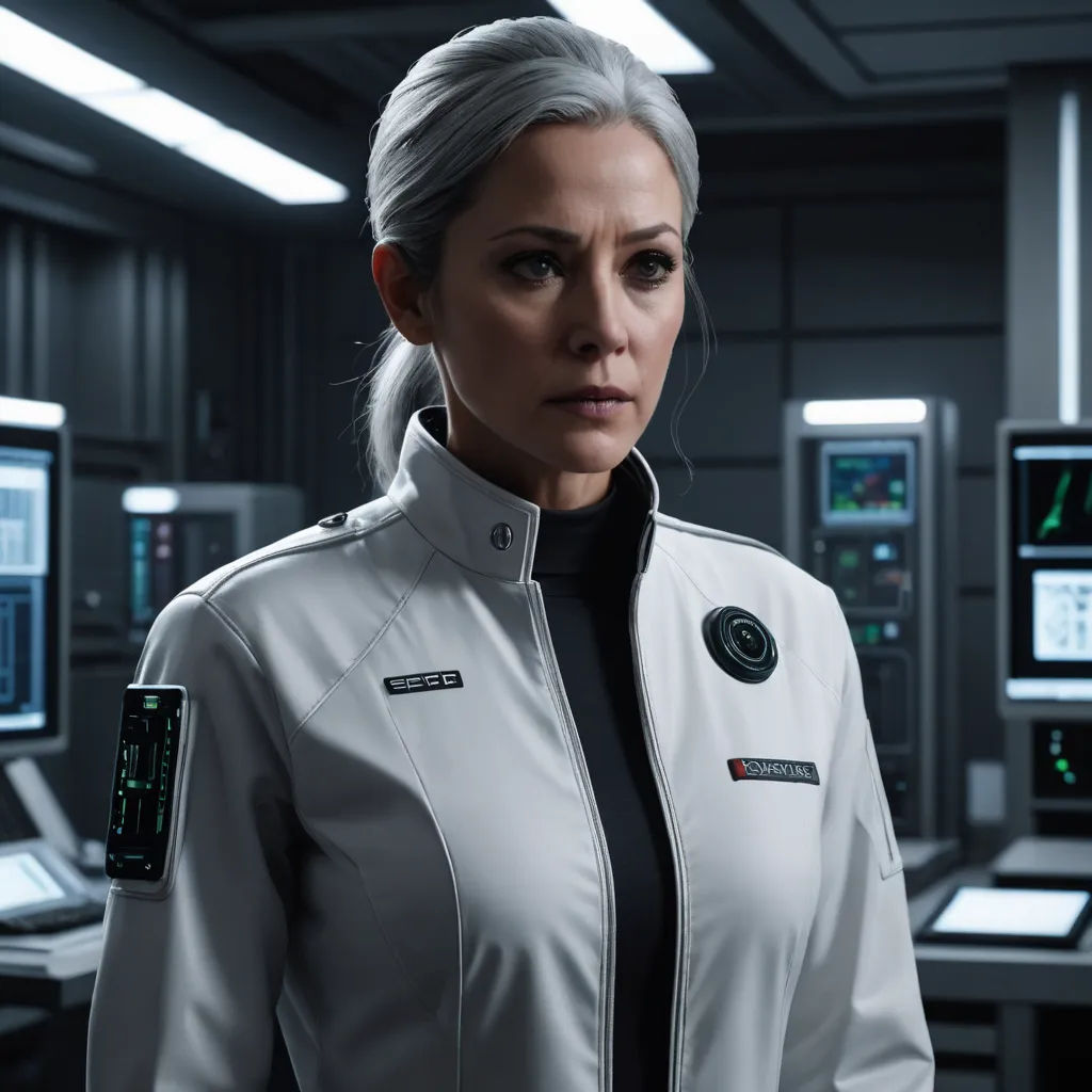 a woman in a white jacket standing in a room with many monitors and a computer screen behind her is looking at the camera, sots art, a character portrait, Eve Ryder, promotional image