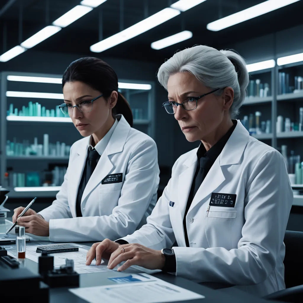 two women in white lab coats working on a computer together in a laboratory setting with shelves of bottles and shelves of chemicals, institutional critique, a stock photo, Doc Hammer, promotional image