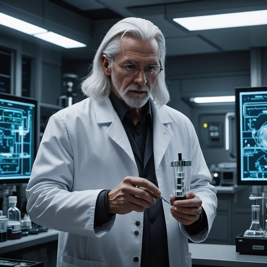 a man in a lab coat holding a glass in his hand and looking at it in front of a monitor, new objectivity, a hologram, Dan Scott, promotional image