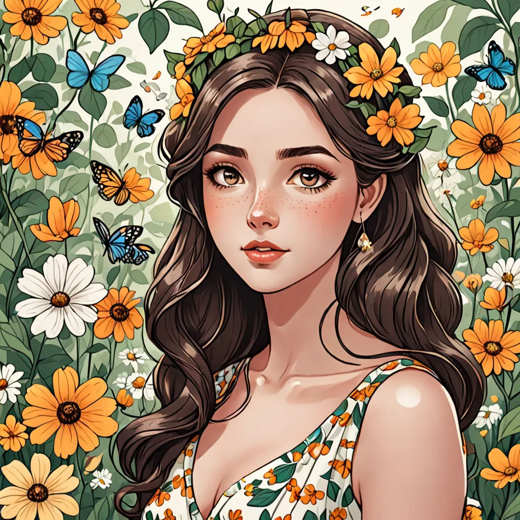 a girl with flowers in her hair and a butterfly in her hair, standing in a field of daisies, fantasy art, a detailed drawing, Artgerm, trending on art station