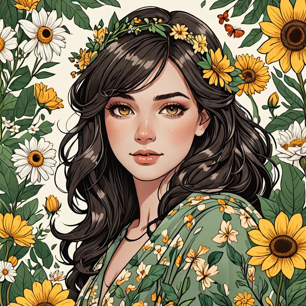 a woman with a wreath of flowers on her head and a green dress with yellow daisies on her head, fantasy art, a character portrait, Charlie Bowater, trending on art station
