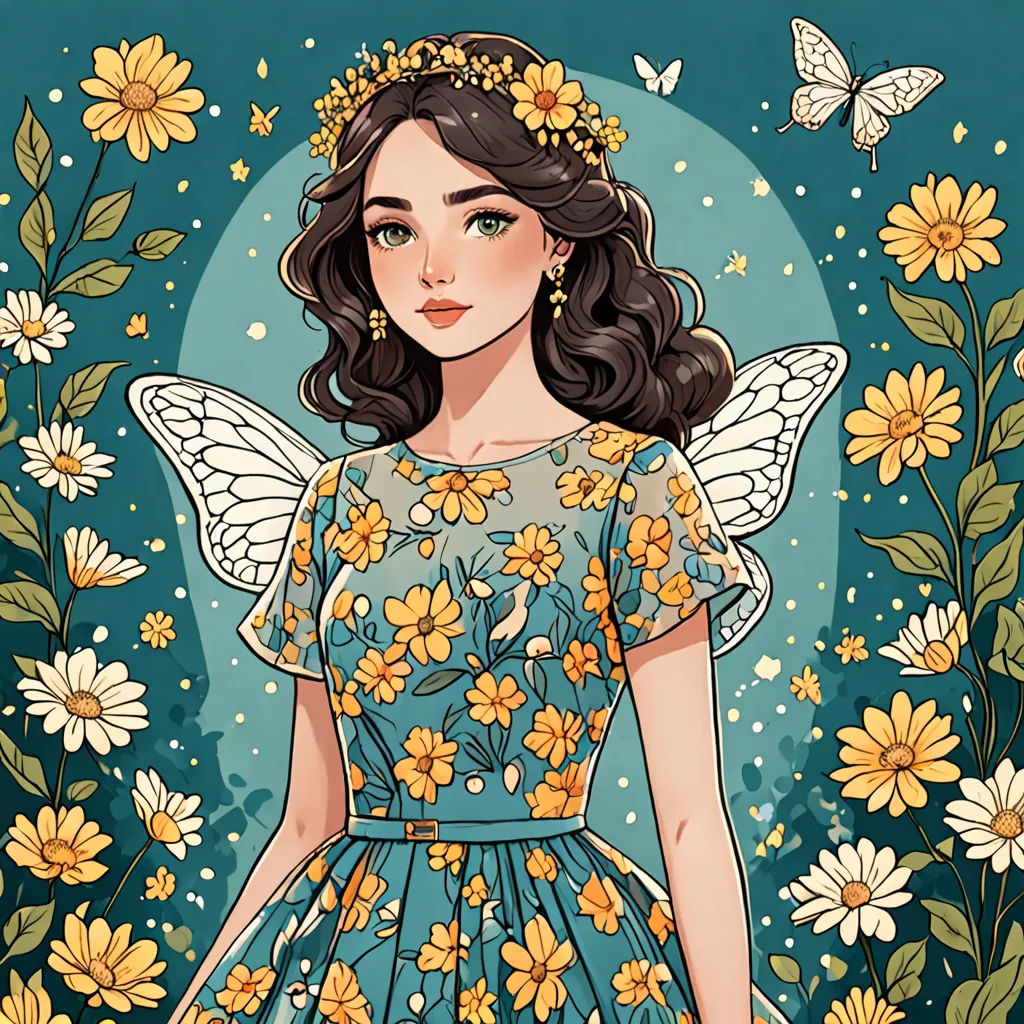 a girl in a blue dress with flowers on her head and a butterfly in her hair, standing in a field of daisies, fantasy art, a detailed drawing, Anna Dittmann, fantasy illustration