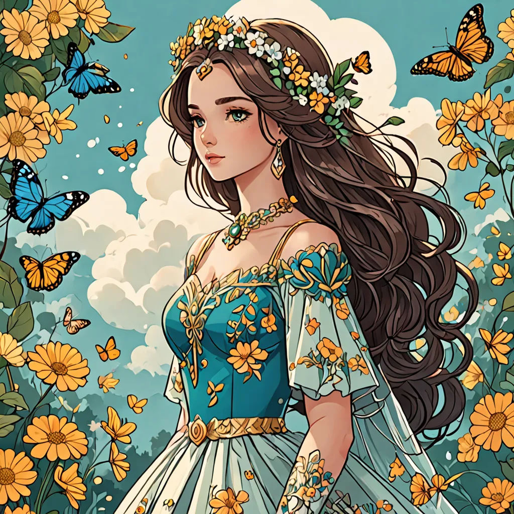 a woman in a blue dress standing in a field of flowers with butterflies around her head and a butterfly in her hair, fantasy art, a detailed drawing, Anne Stokes, beautiful detailed