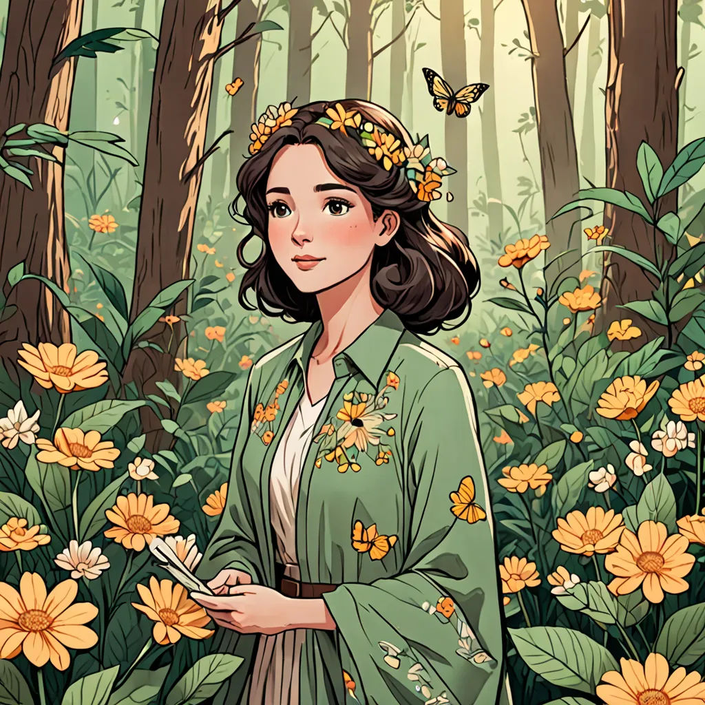 a woman in a green kimono standing in a forest with flowers and a butterfly on her head and a butterfly in her hair, fantasy art, a storybook illustration, Clarice Beckett, trending on art station