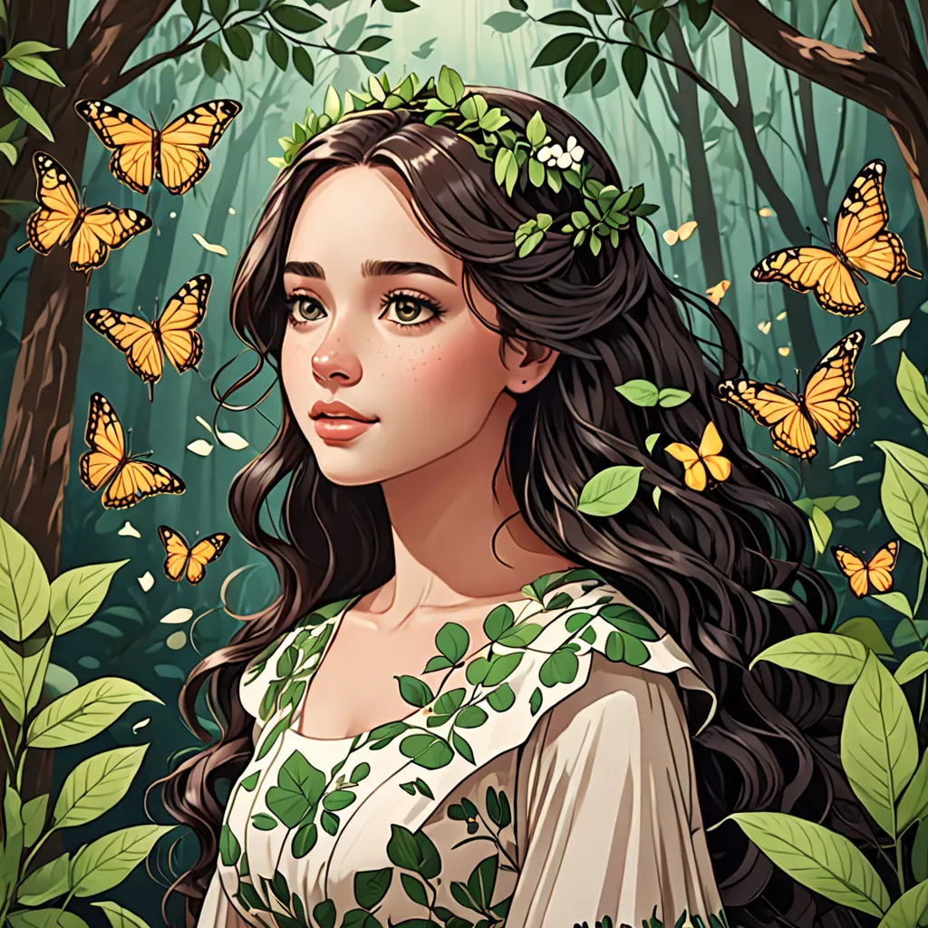 a woman with long hair and a wreath of butterflies in her hair stands in a forest with green leaves, fantasy art, a character portrait, Charlie Bowater, trending on art station