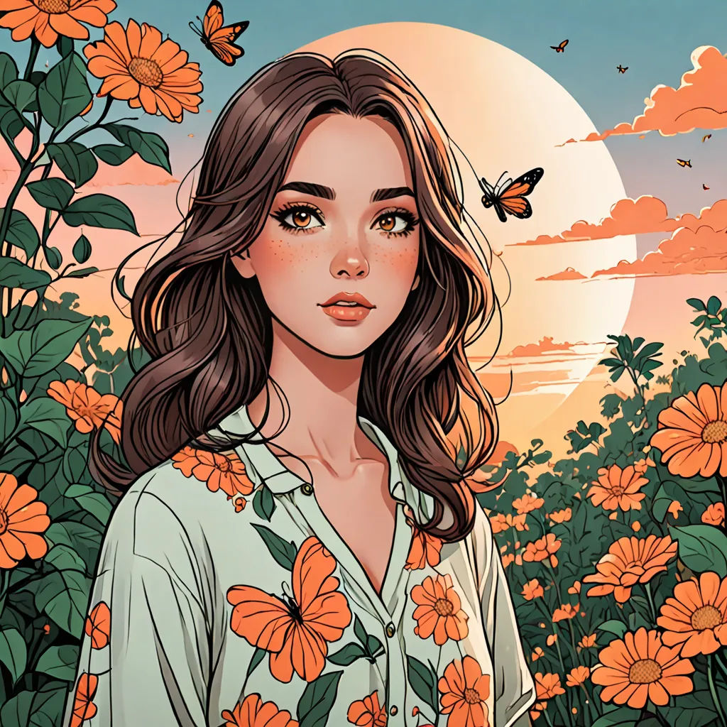 a woman standing in a field of flowers with a butterfly flying over her head and a full moon in the background, fantasy art, a detailed drawing, Audrey Kawasaki, rossdraws global illumination