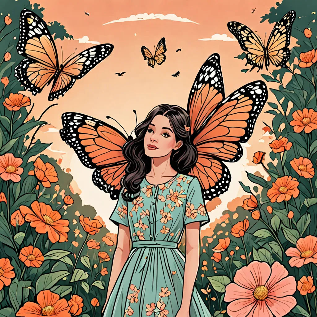 a girl in a blue dress with butterflies on her wings and flowers around her shoulders, standing in a field of orange flowers, fantasy art, a storybook illustration, amy sol, detailed illustration