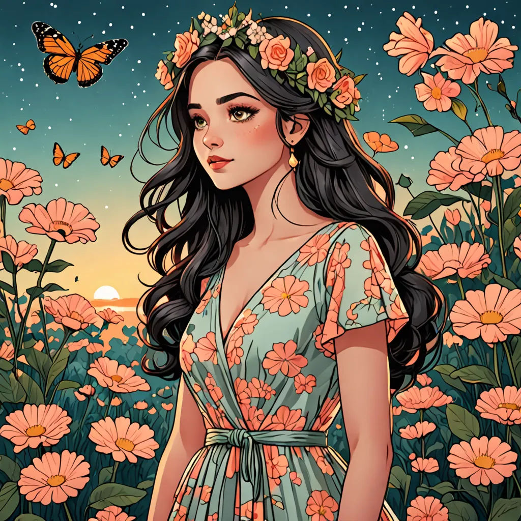 a girl in a flowered dress standing in a field of flowers with a butterfly flying overhead in the background, fantasy art, a detailed drawing, Anna Dittmann, trending on art station