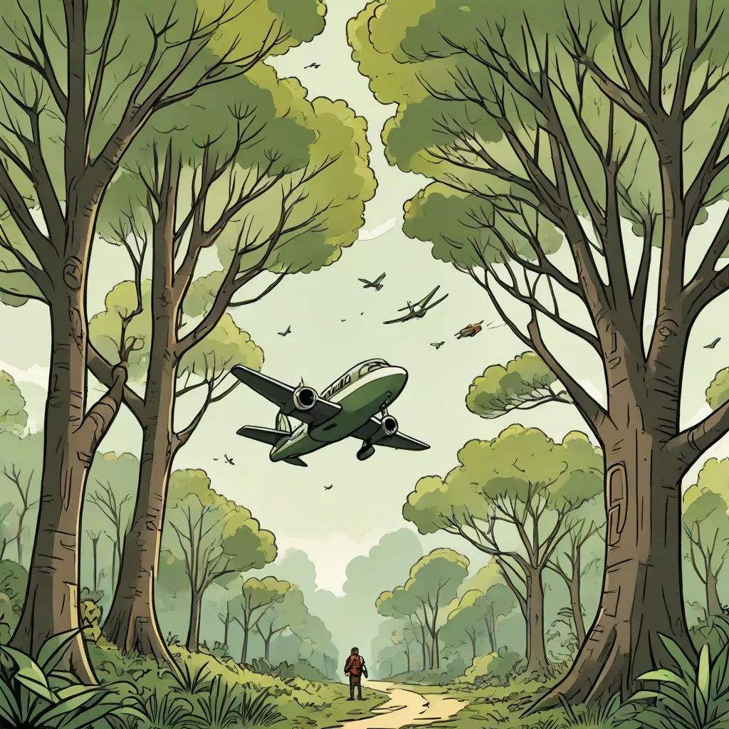 a man standing in the middle of a forest with a plane flying overhead in the sky above the trees, primitivism, a comic book panel, Asaf Hanuka, cliff chiang