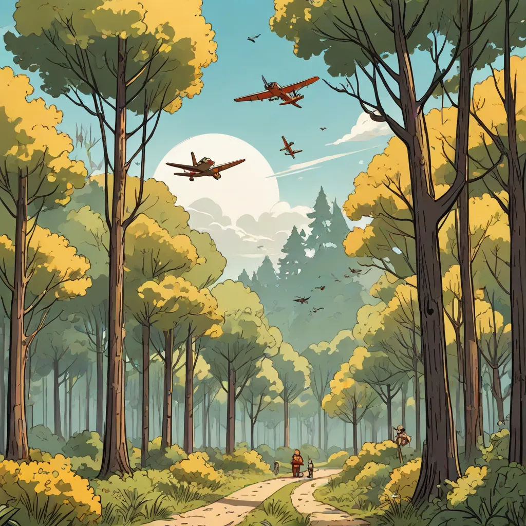 a painting of a forest with a path leading to a plane flying over it and people walking on the path, environmental art, a comic book panel, Dan Mumford, comic cover art