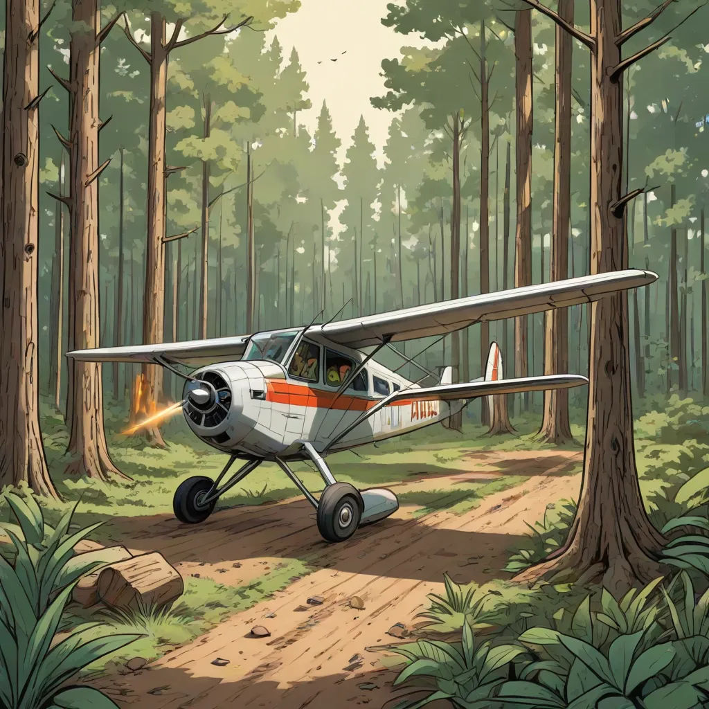 a small plane is parked in the middle of a forest path with a trail leading to it and a fire in the distance, environmental art, a comic book panel, Anson Maddocks, cliff chiang