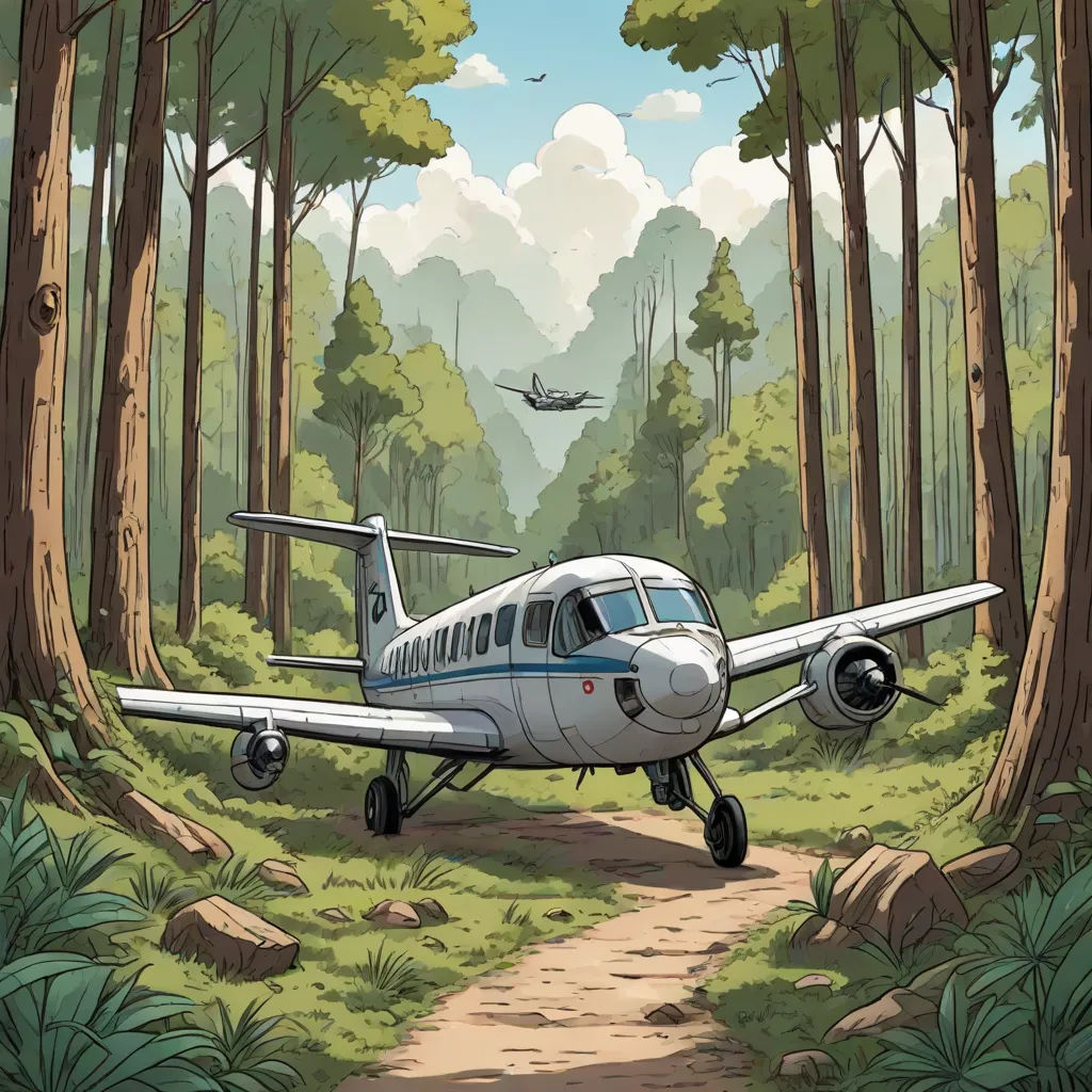 a small plane is parked in the middle of a forest path with a plane flying overhead in the distance, environmental art, a comic book panel, Dan Mumford, comic cover art