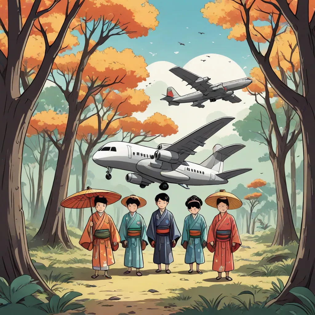 a group of people standing in front of a plane flying over a forest with trees and a plane in the sky, ukiyo-e, a storybook illustration, Atey Ghailan, comic cover art