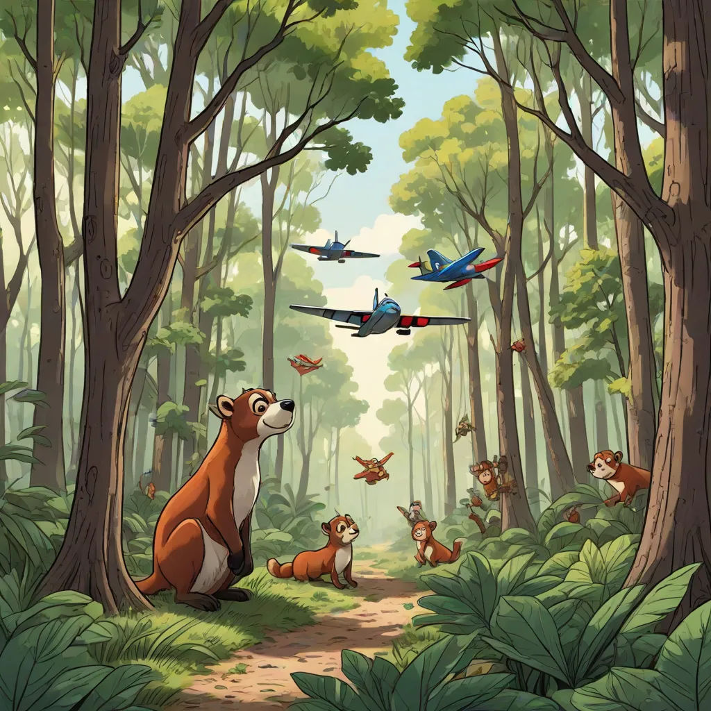 a painting of a forest with animals and planes flying overhead and a forest path with trees and bushes and grass, environmental art, a storybook illustration, Chris LaBrooy, promotional image