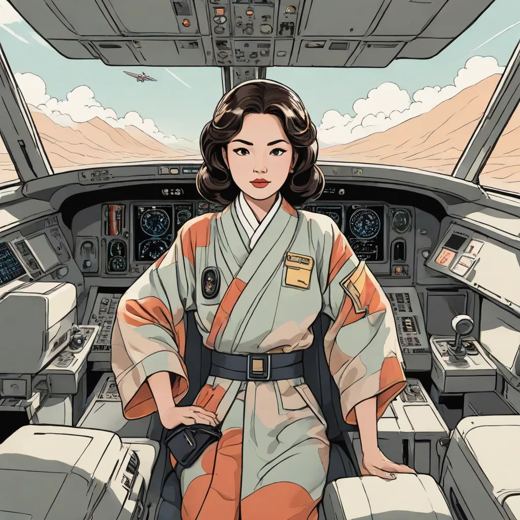 a woman in a uniform sitting in a plane cockpit with a view of the mountains and clouds behind her, retrofuturism, a comic book panel, Atey Ghailan, yukito kishiro