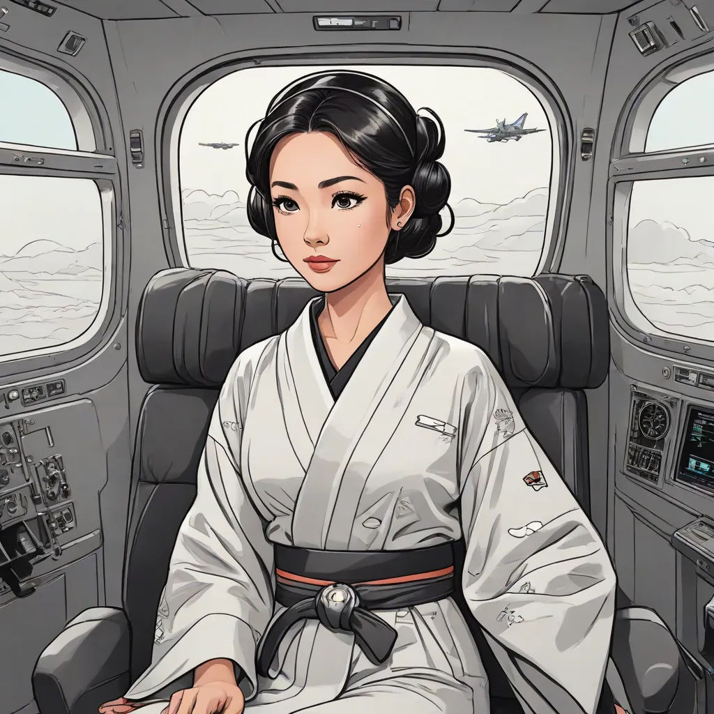 a woman in a kimono sitting in a plane with a view of the ocean and a plane in the background, space art, a character portrait, Choi Buk, yukito kishiro