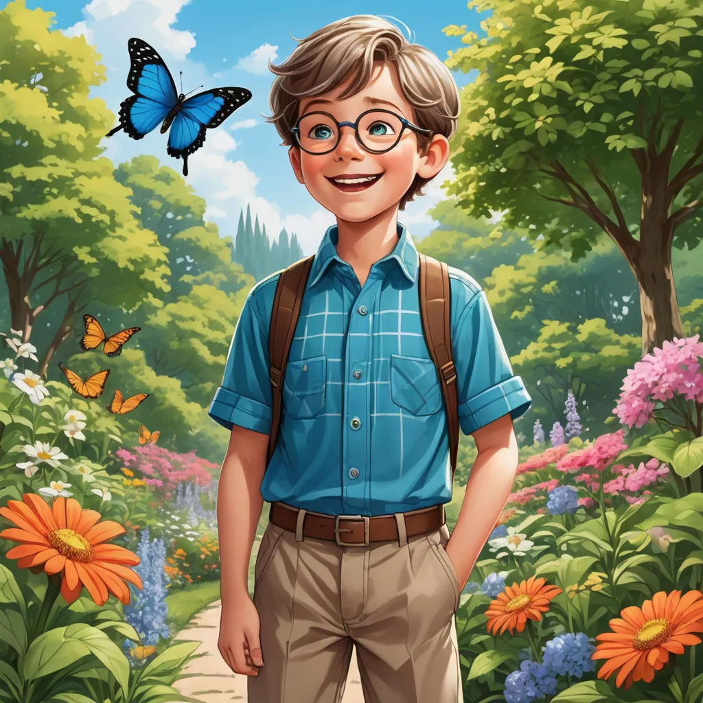 a boy with glasses and a backpack standing in a garden with a butterfly on his shoulder and a blue shirt on, magic realism, a character portrait, Cliff Childs, official art