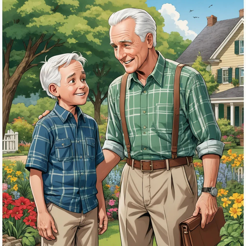a man and a boy are walking in a garden together, one is holding the hand of the other, american realism, a storybook illustration, Brothers Hildebrandt, official art