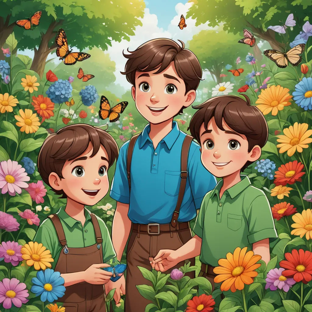 a father and two sons standing in a field of flowers with butterflies flying overhead illustration by alex macgrew, lyco art, a storybook illustration, Diego Gisbert Llorens, official art