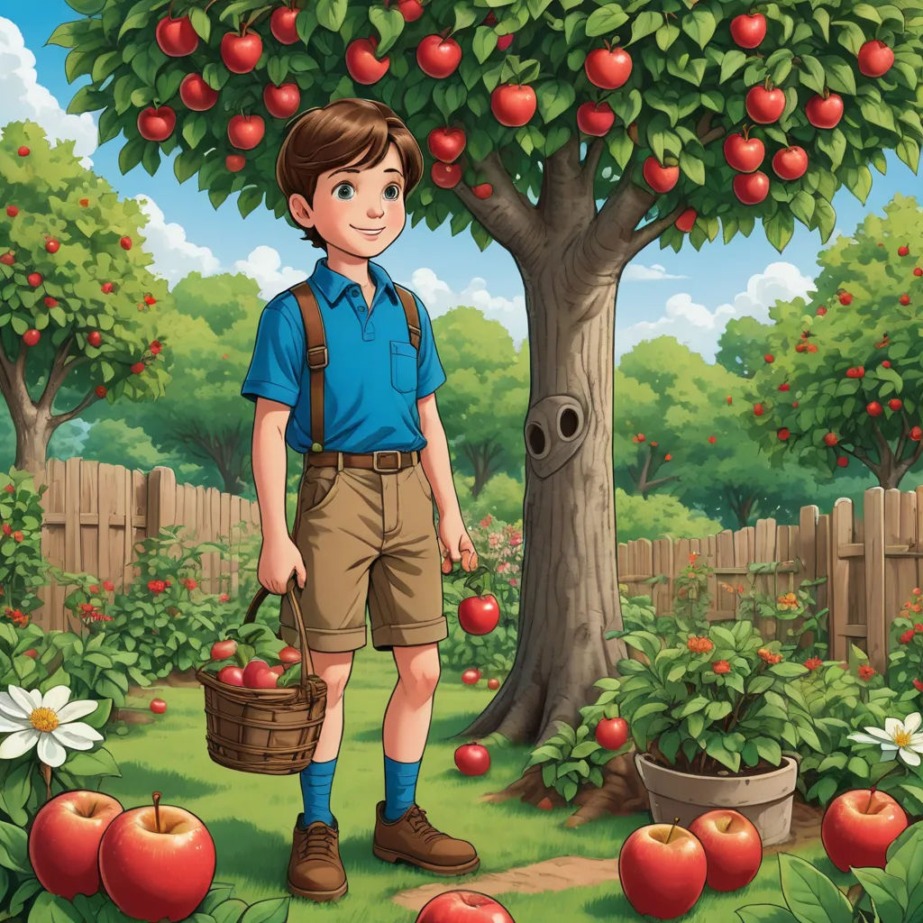 a boy standing in the garden with apples in his hand and a basket of apples in his hand,, precisionism, a storybook illustration, David Young Cameron, official art
