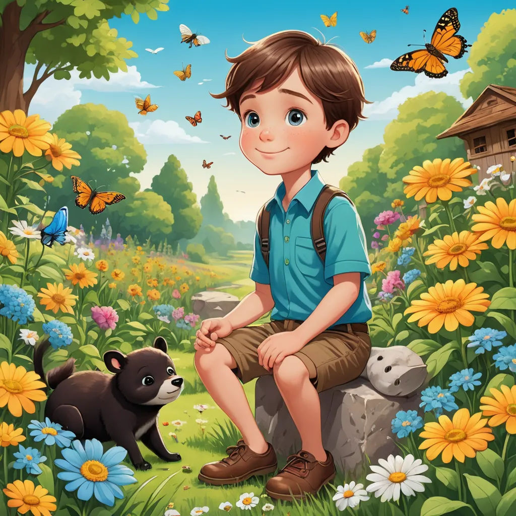 a boy sitting on a rock with a bear in a field of flowers and butterflies around him and a butterfly flying overhead, lyco art, a storybook illustration, Aaron Jasinski, storybook illustration