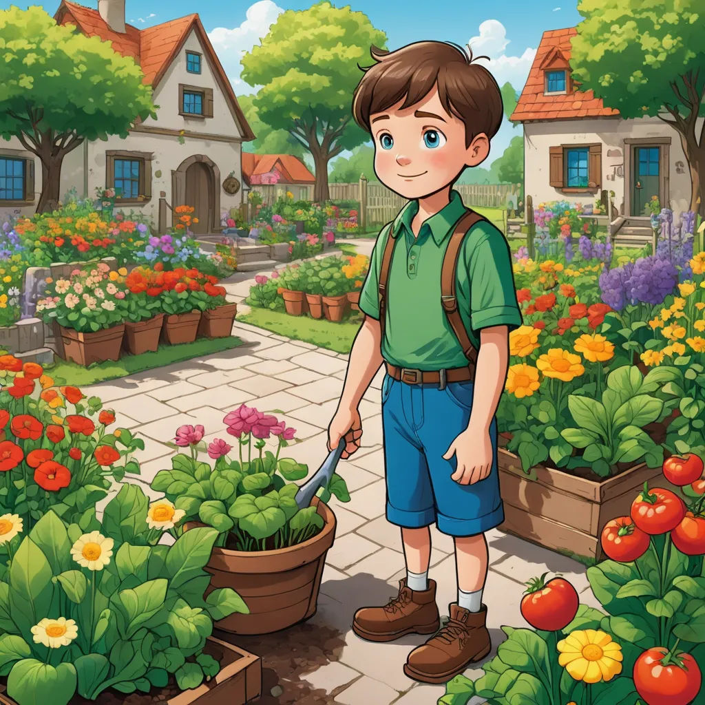 a boy is standing in a garden with flowers and plants in pots and a house in the background with a garden, naive art, a storybook illustration, Cedric Seaut (Keos Masons), official art