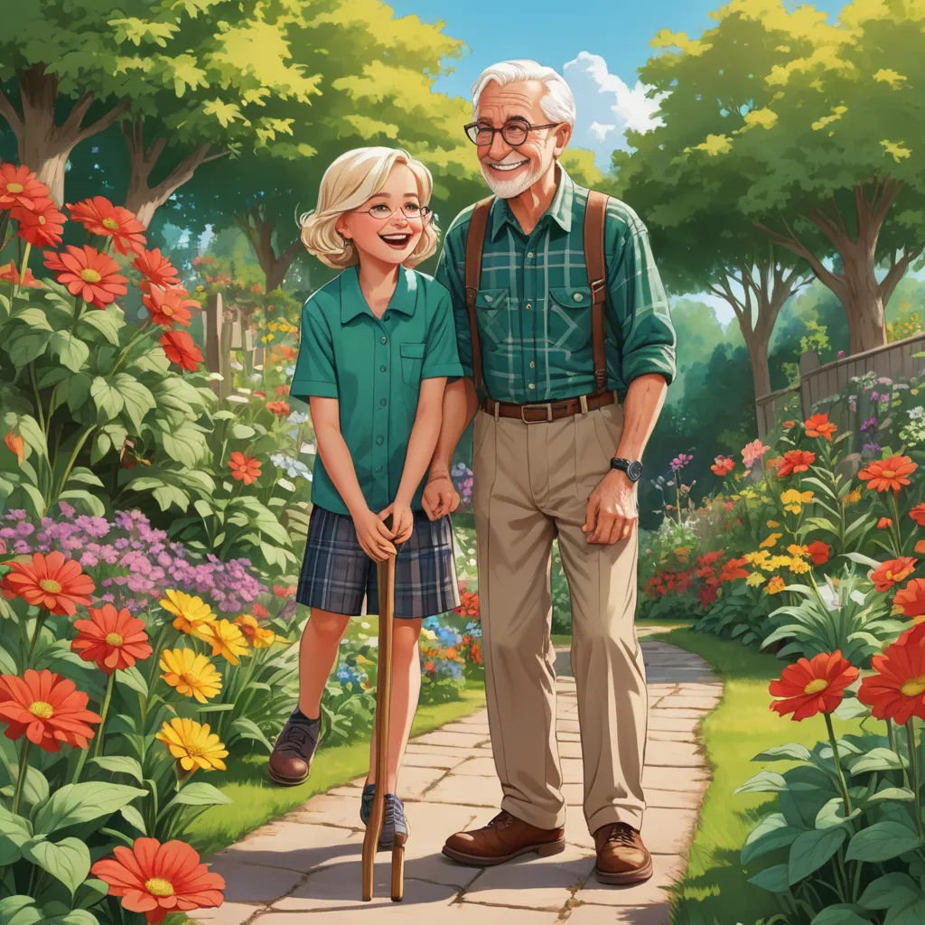 a man and a little girl standing in a garden with flowers and a cane in front of them,, american scene painting, a storybook illustration, Cliff Childs, official art