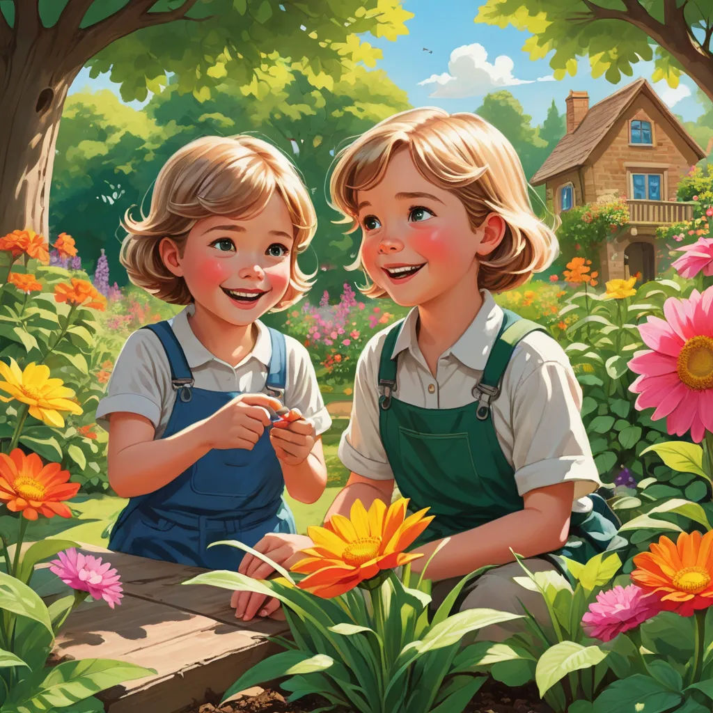 two children are sitting in a garden with flowers and a house in the background, and one is holding a flower, american scene painting, a storybook illustration, Brothers Hildebrandt, official art