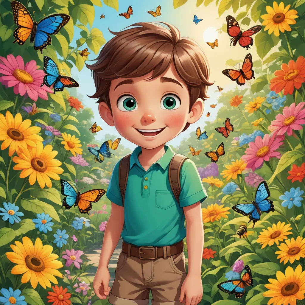a boy standing in a field of flowers with butterflies flying around him and smiling at the camera with a green shirt and tan pants, sots art, a storybook illustration, Aaron Jasinski, rossdraws global illumination