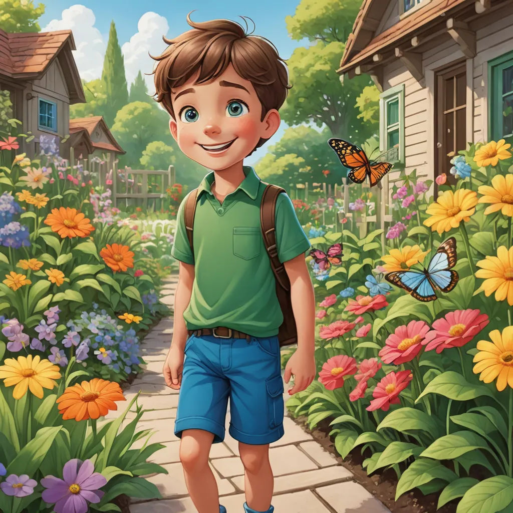a boy in a green shirt and blue shorts walking through a garden with flowers and a butterfly on the roof, american scene painting, a storybook illustration, Cliff Childs, kinkade
