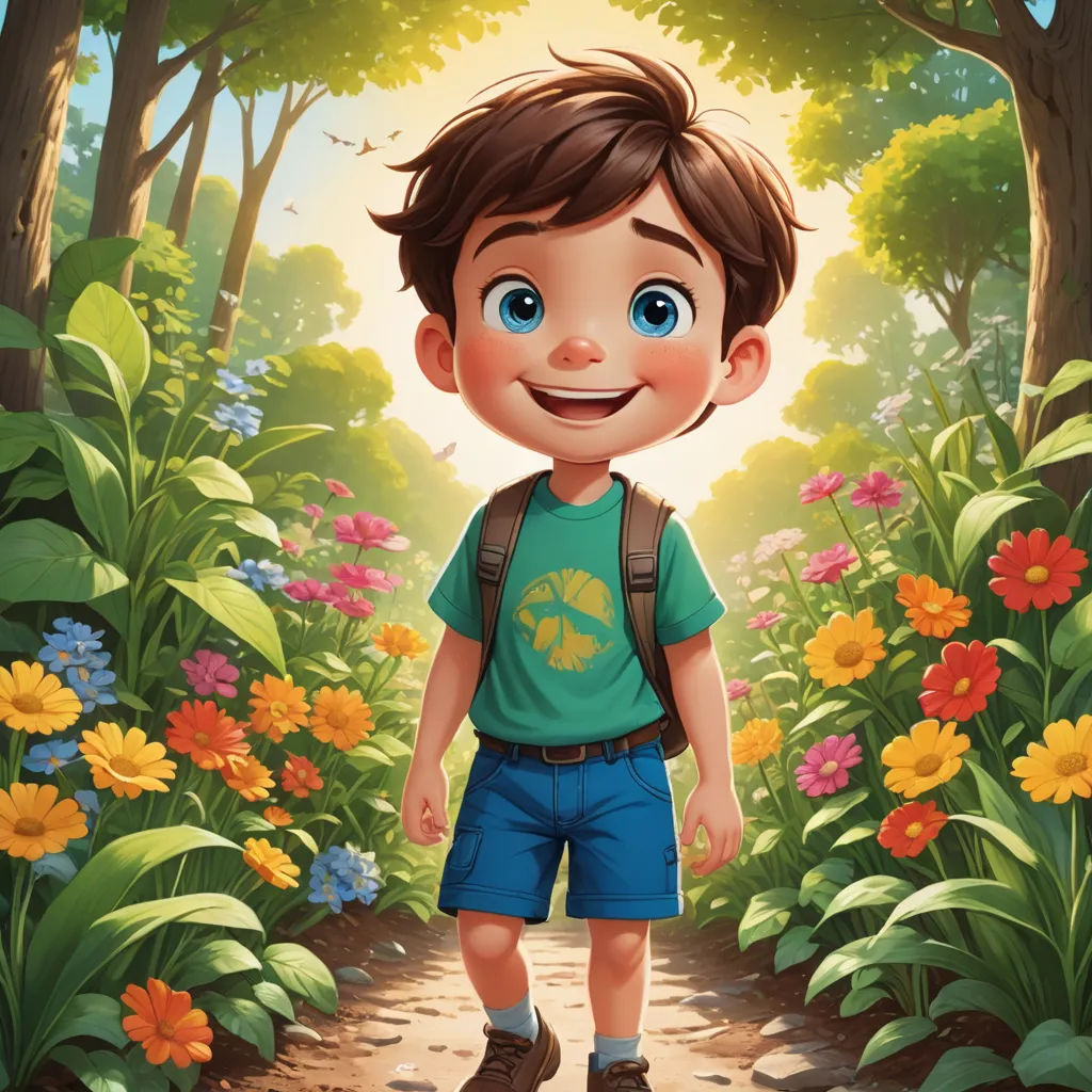 a boy with a backpack is walking through a forest with flowers and trees on the ground and a path leading to the forest, sots art, a storybook illustration, Alejandro Burdisio, key art