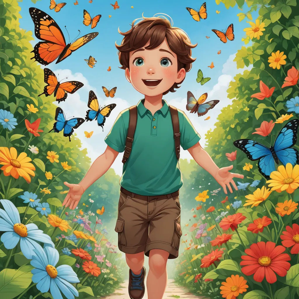a boy walking through a garden with butterflies flying around him illustration by alex macieli for the children's book, magical realism, a storybook illustration, Aaron Jasinski, comic cover art