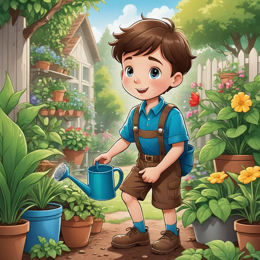 a boy watering the plants in the garden with a watering can in his hand and a house in the background, naive art, a storybook illustration, Diego Gisbert Llorens, storybook illustration