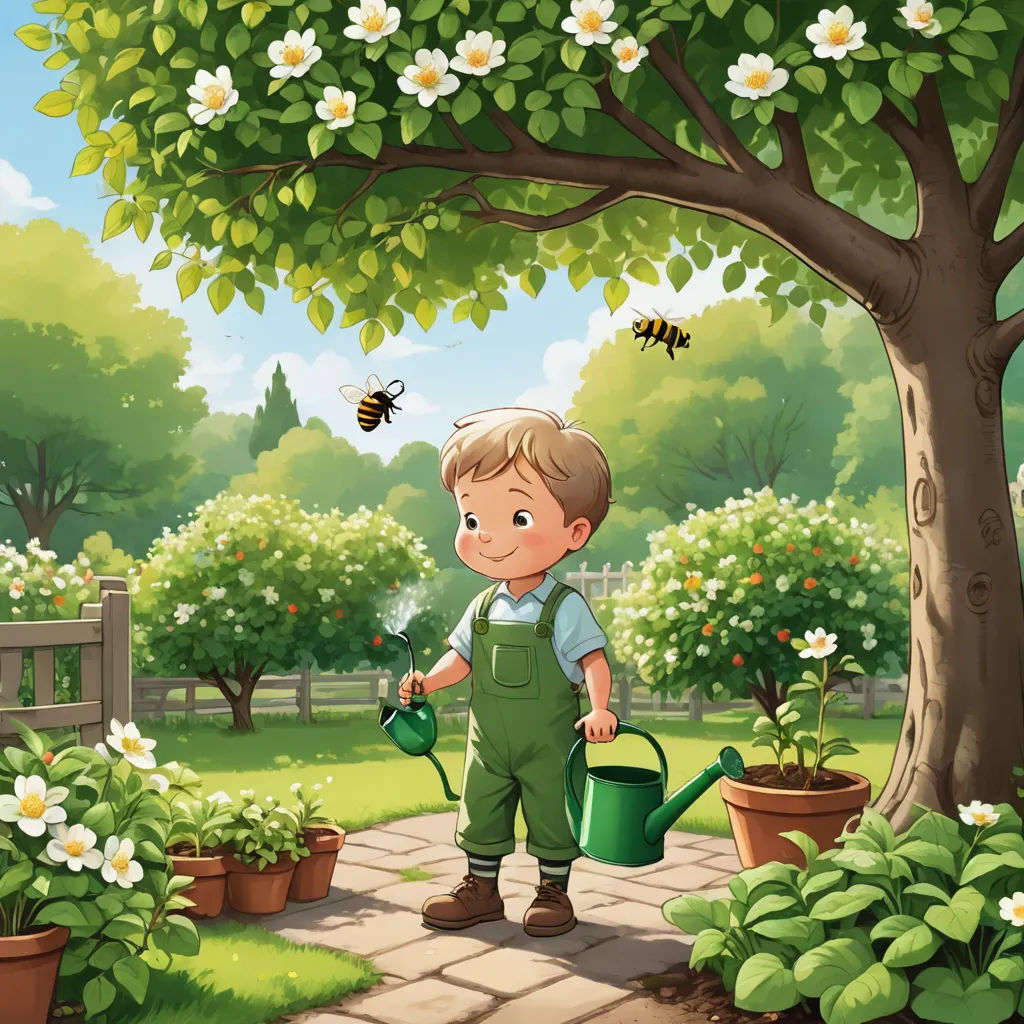 a boy watering the flowers in the garden with a bee flying overhead illustration by alex macdodola, naive art, a storybook illustration, Elsa Beskow, storybook illustration