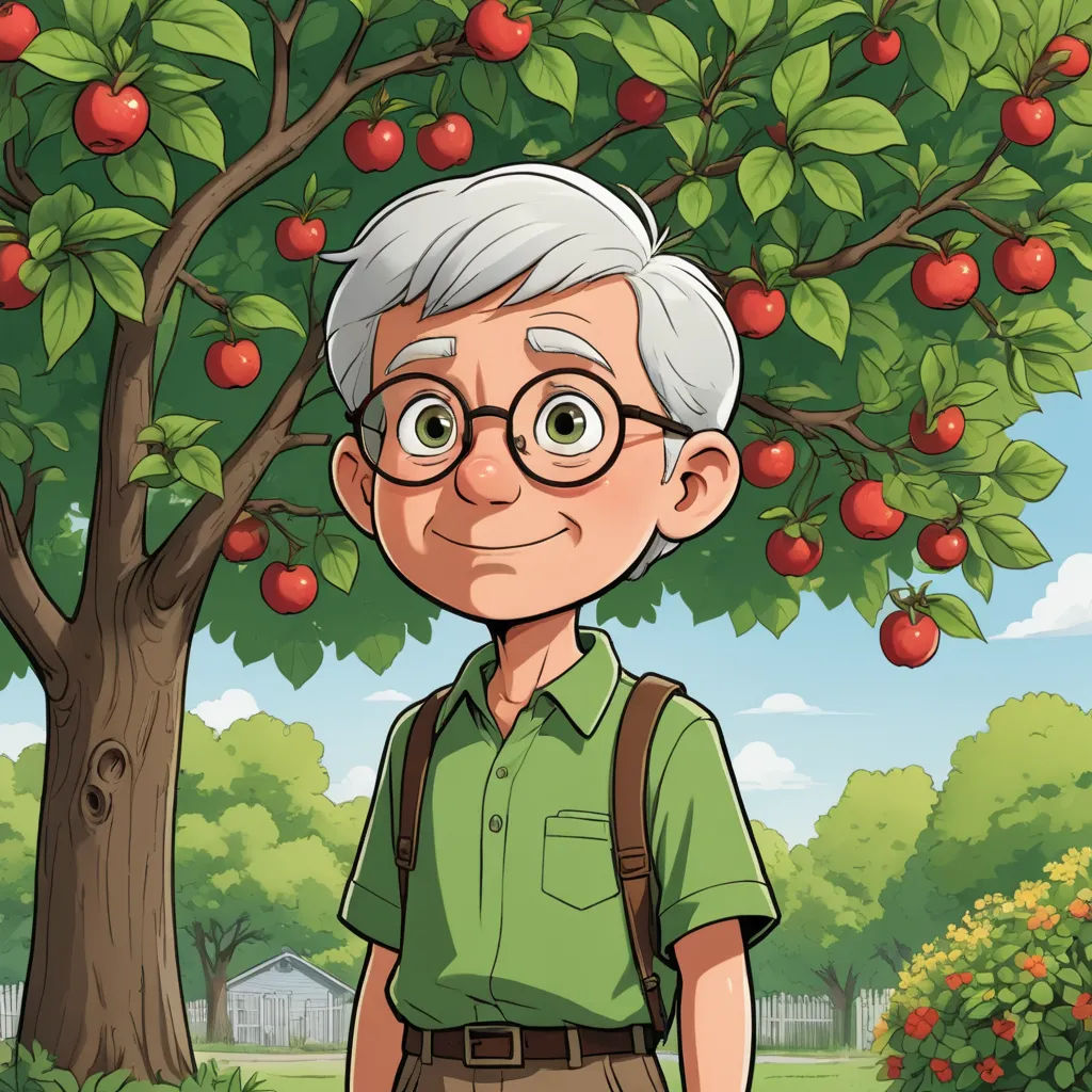 a man standing under a tree with apples on it's branches and a green shirt on his shoulders, lyco art, a character portrait, Cliff Childs, character portrait