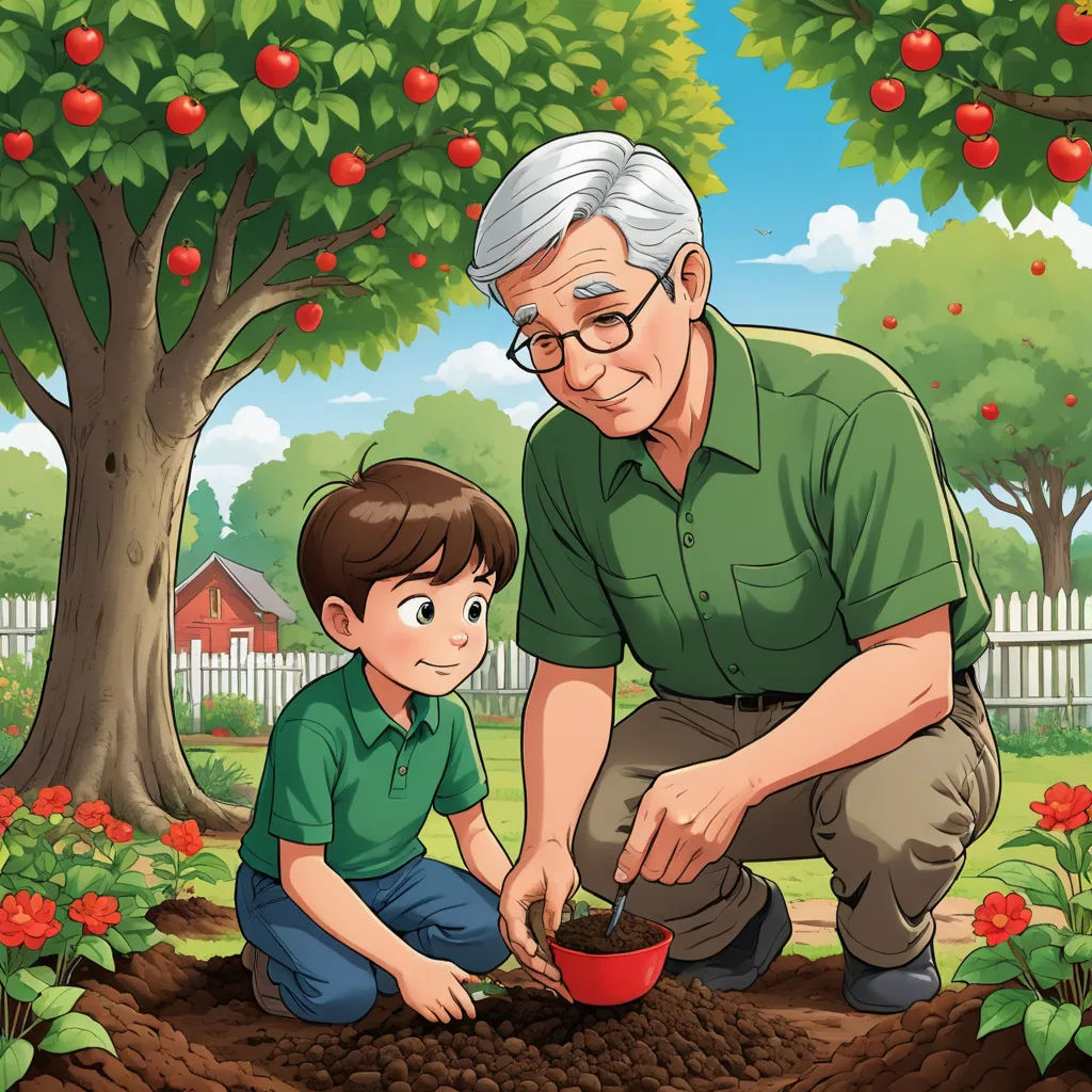 a man and a boy are digging in the ground together in the garden with apples on the trees and a fence in the background, precisionism, a storybook illustration, David Brewster, storybook illustration
