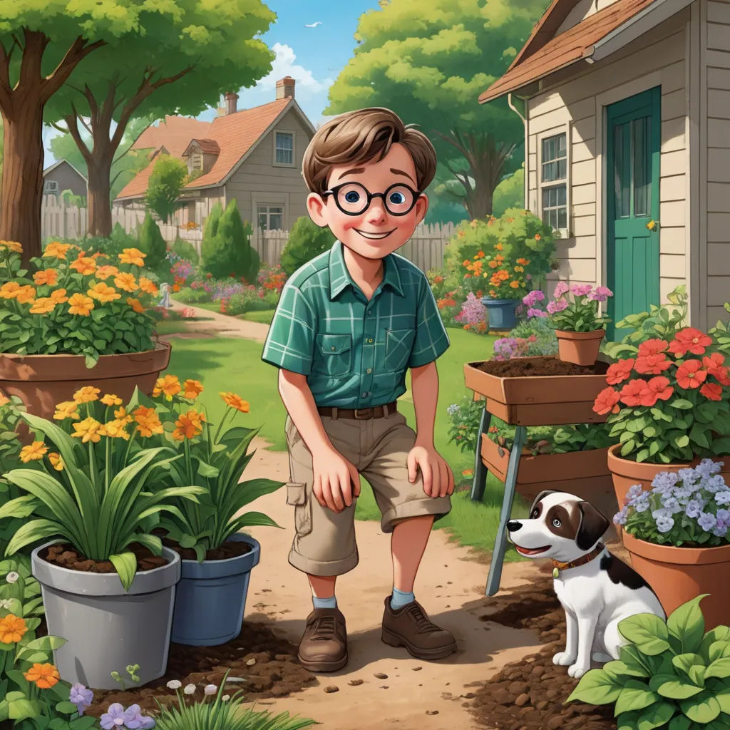a boy with glasses is standing in the garden with a dog and potted plants in front of him, american scene painting, a storybook illustration, Bob Byerley, kinkade