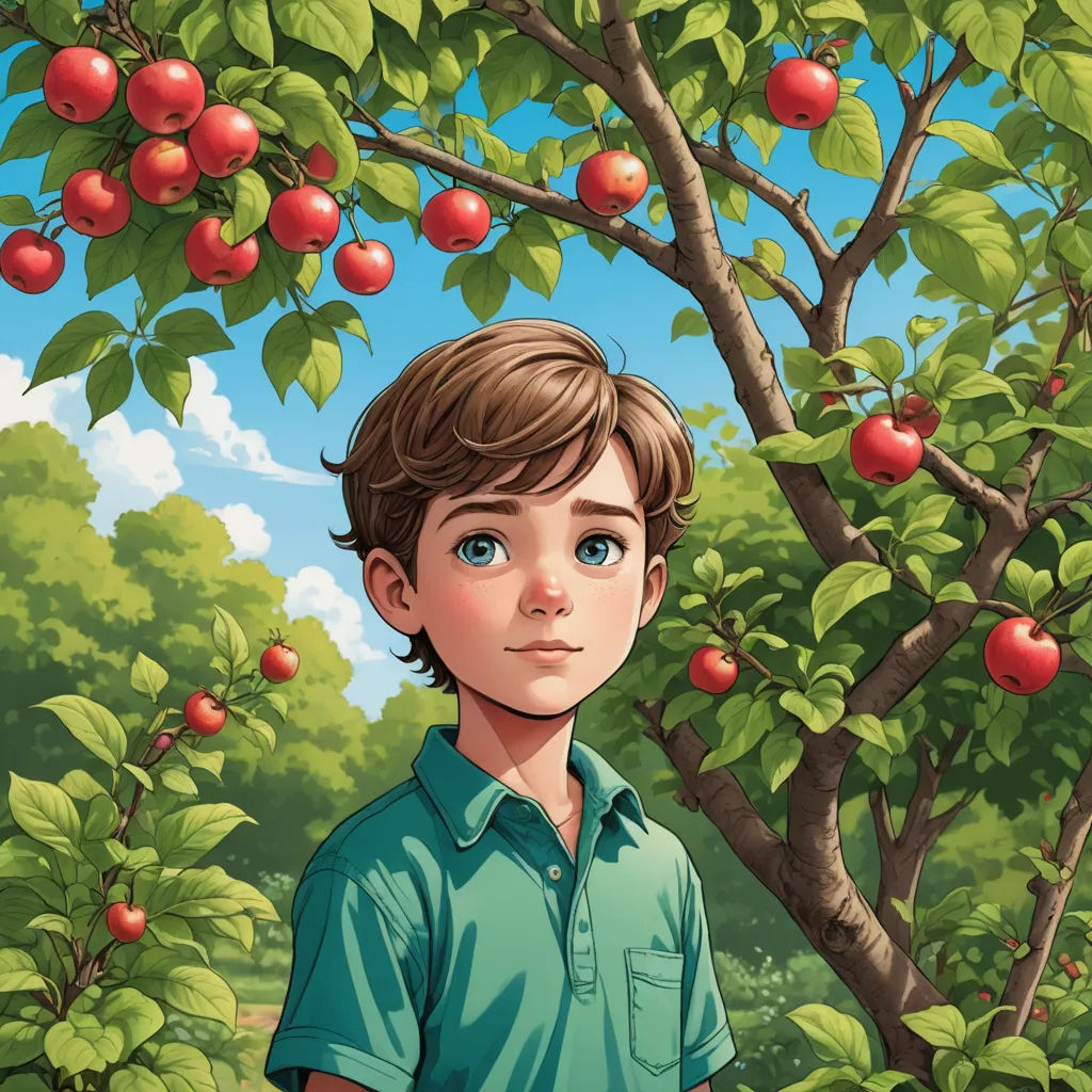 a boy standing in front of a tree with apples on it and a sky background with clouds and trees, photorealism, a storybook illustration, Aaron Jasinski, highly detailed digital painting