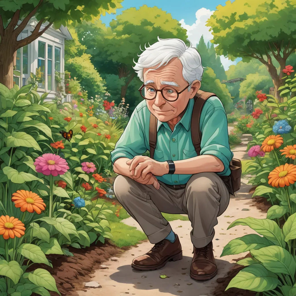 a man kneeling down in a garden with flowers and trees in the background and a house in the background, magical realism, a storybook illustration, Cliff Childs, highly detailed digital painting