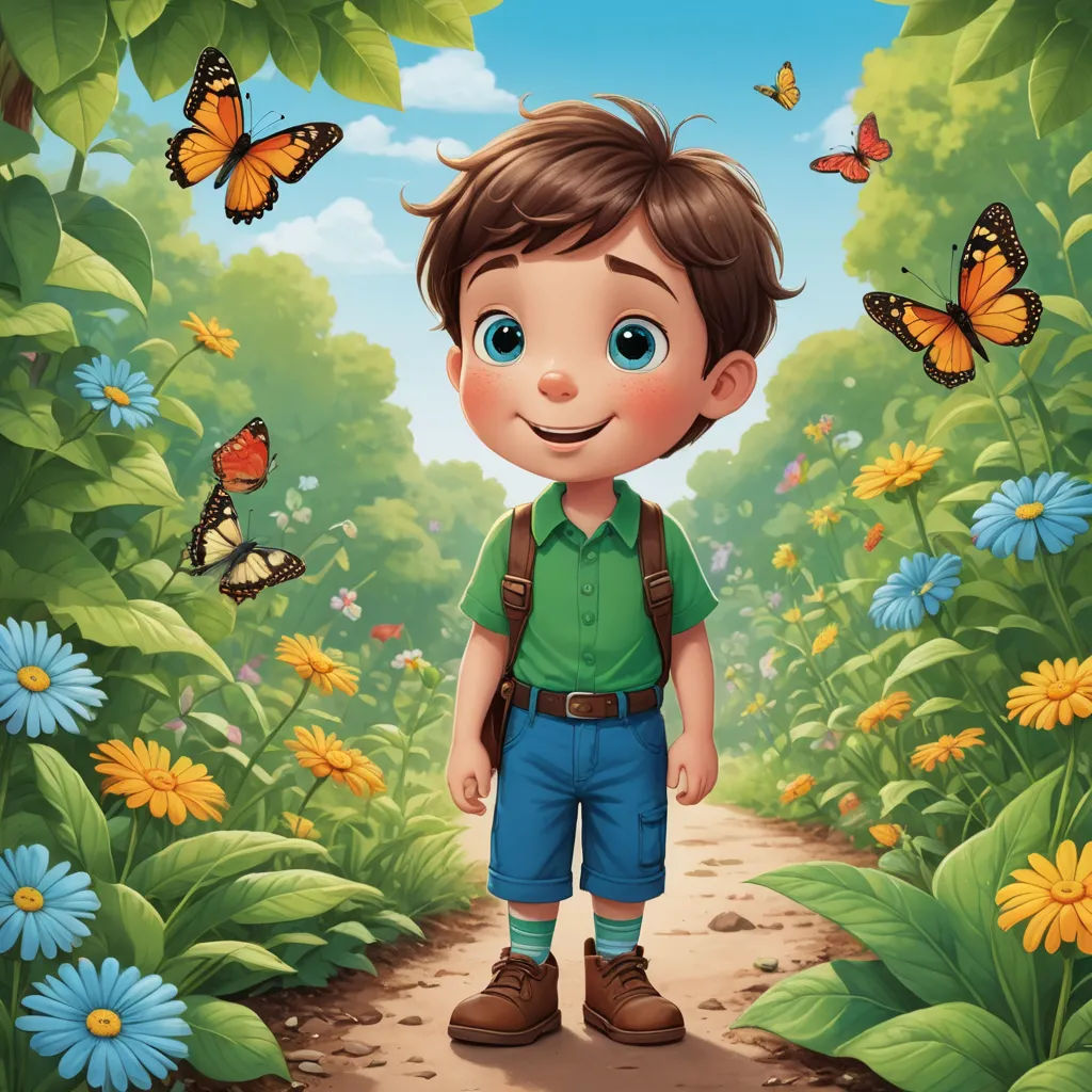 a boy standing in the middle of a forest with butterflies flying around him and a path leading to him, pop surrealism, a storybook illustration, Charles Fremont Conner, pixar and disney animation