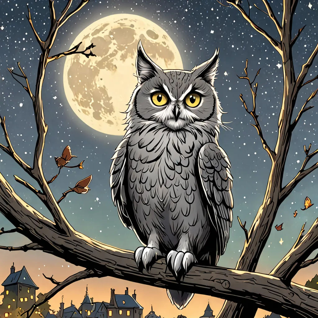 a cartoon owl sitting on a branch in front of a full moon and bats in the sky with a full moon behind it, fantasy art, a storybook illustration, Dan Mumford, josan gonzales and dan mumford