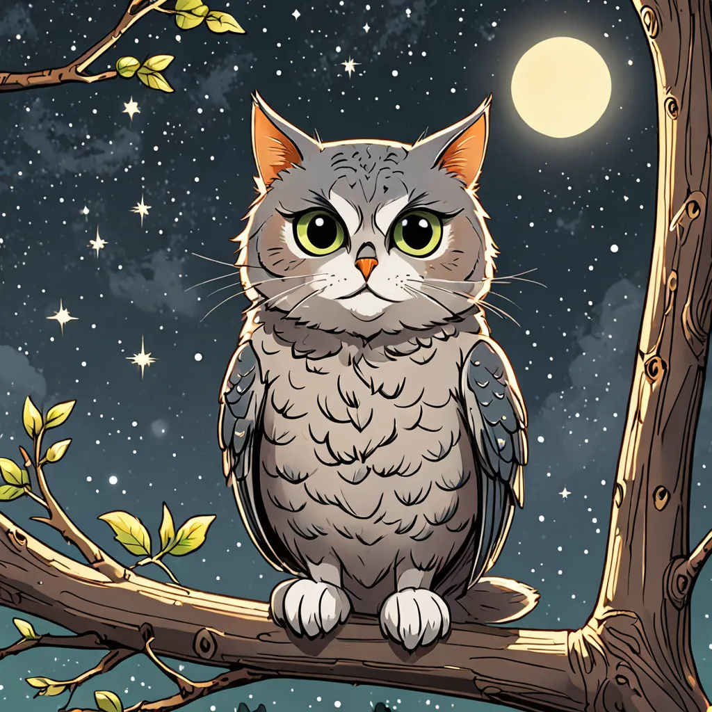 a cat sitting on a branch with a full moon in the background and stars in the sky above it, fantasy art, a storybook illustration, Dan Mumford, josan gonzales and dan mumford