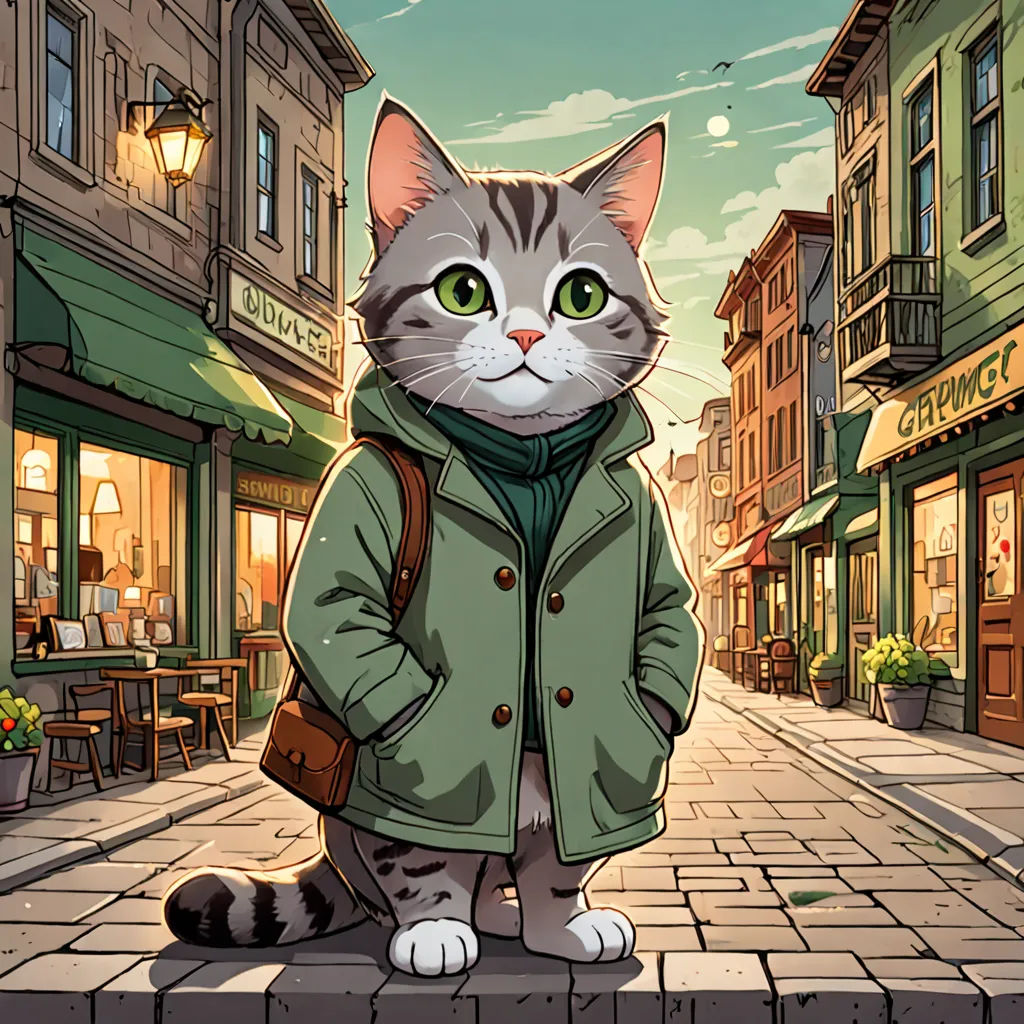 a cat wearing a coat and a scarf sitting on a brick sidewalk in front of a cafe and a cafe, furry art, a comic book panel, Chris LaBrooy, official art